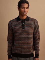 Navy Blue Geo Cosy Knit Long Sleeve Polo Shirt with Wool - Image 3 of 8