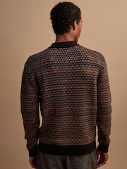 Navy Blue Geo Cosy Knit Long Sleeve Polo Shirt with Wool - Image 4 of 8