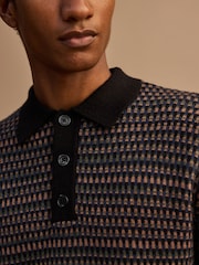 Navy Blue Geo Cosy Knit Long Sleeve Polo Shirt with Wool - Image 5 of 8