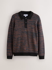 Navy Blue Geo Cosy Knit Long Sleeve Polo Shirt with Wool - Image 6 of 8