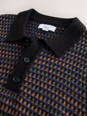 Navy Blue Geo Cosy Knit Long Sleeve Polo Shirt with Wool - Image 7 of 8
