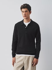 Black Long Sleeve Knitted Polo Shirt - Image 1 of 8