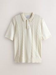 Lomená bílá - Short Sleeve Cable Knit Tipped Polo Shirt - Obrázek 5 z 7