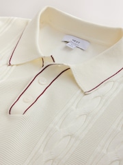 Lomená bílá - Short Sleeve Cable Knit Tipped Polo Shirt - Obrázek 7 z 7