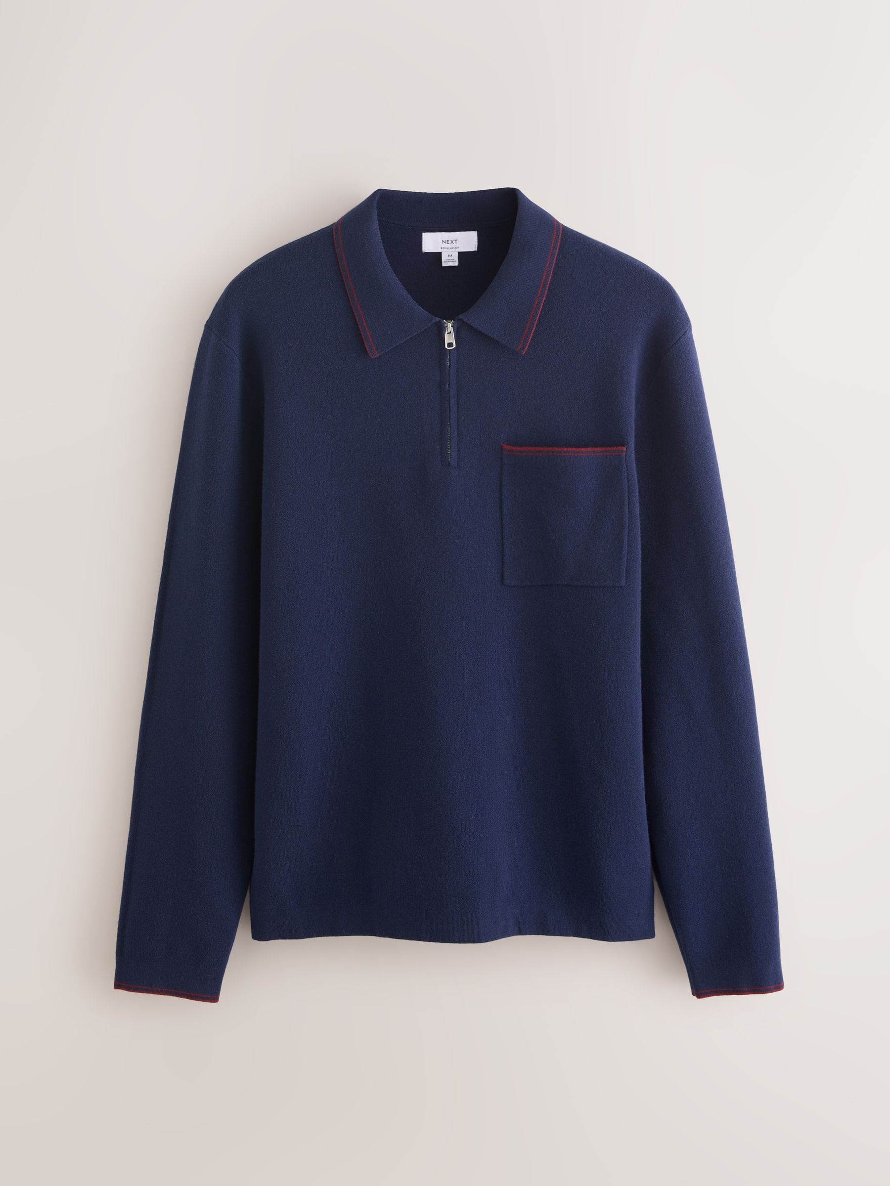 Buy Navy Blue N. Premium Tipped Long Sleeve Knitted Zip Neck Polo