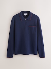 Navy Blue N. Premium Tipped Long Sleeve Knitted Zip Neck Polo Shirt - Image 1 of 3