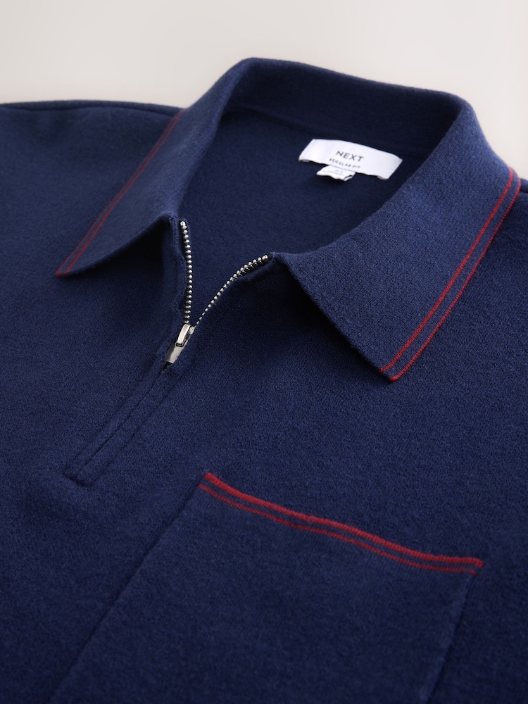 Navy Blue N. Premium Tipped Long Sleeve Knitted Zip Neck Polo Shirt - Image 2 of 3 Navy Blue N. Premium Tipped Long Sleeve Knitted Zip Neck Polo Shirt - Image 2 of 3