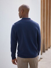 Navy Blue N. Premium Tipped Long Sleeve Knitted Zip Neck Polo Shirt - Image 4 of 8