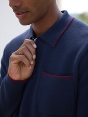 Navy Blue N. Premium Tipped Long Sleeve Knitted Zip Neck Polo Shirt - Image 5 of 8