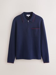 Navy Blue N. Premium Tipped Long Sleeve Knitted Zip Neck Polo Shirt - Image 6 of 8