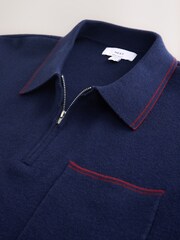 Navy Blue N. Premium Tipped Long Sleeve Knitted Zip Neck Polo Shirt - Image 7 of 8