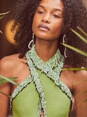 Ro&Zo Green Halter Bead Fringe Linen Blend Dress - Image 3 of 6