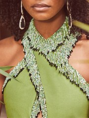 Ro&Zo Green Halter Bead Fringe Linen Blend Dress - Image 4 of 6