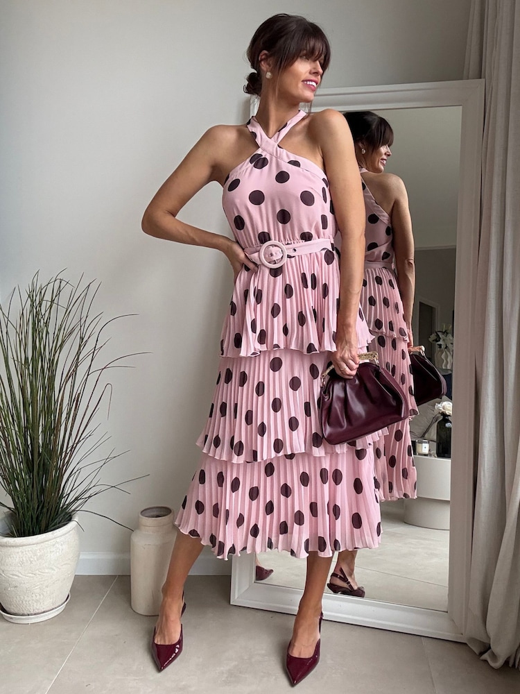 Style Cheat Pink Spot Tiered Halter Dress - Image 1 of 5 Style Cheat Pink Spot Tiered Halter Dress - Image 1 of 5