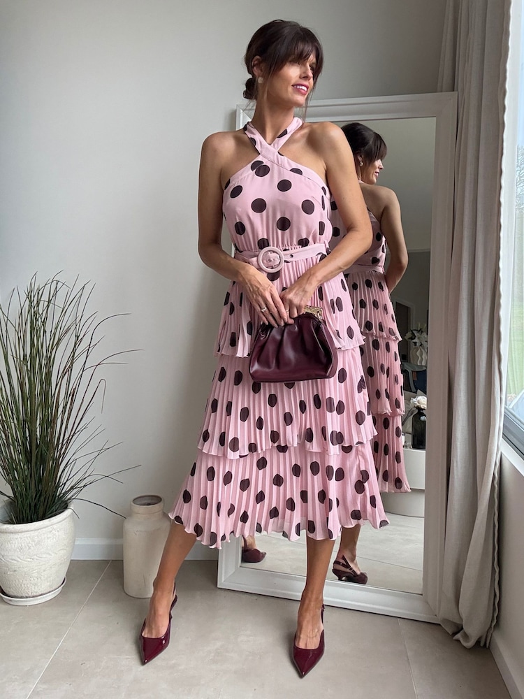 Style Cheat Pink Spot Tiered Halter Dress - Image 2 of 5 Style Cheat Pink Spot Tiered Halter Dress - Image 2 of 5