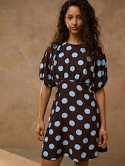 Brown Spot Puff Sleeve Mini Dress - Image 1 of 5