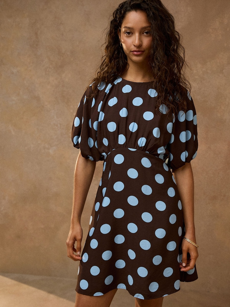 Brown Spot Puff Sleeve Mini Dress - Image 1 of 5