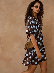 Brown Spot Puff Sleeve Mini Dress - Image 2 of 5