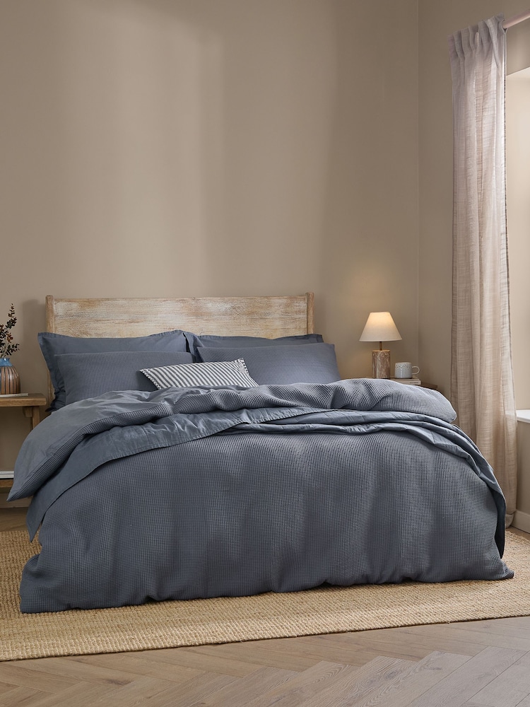 Yard Denim Blue Hebden Waffle Cotton Duvet Cover and Pillowcase Set - Image 1 of 3