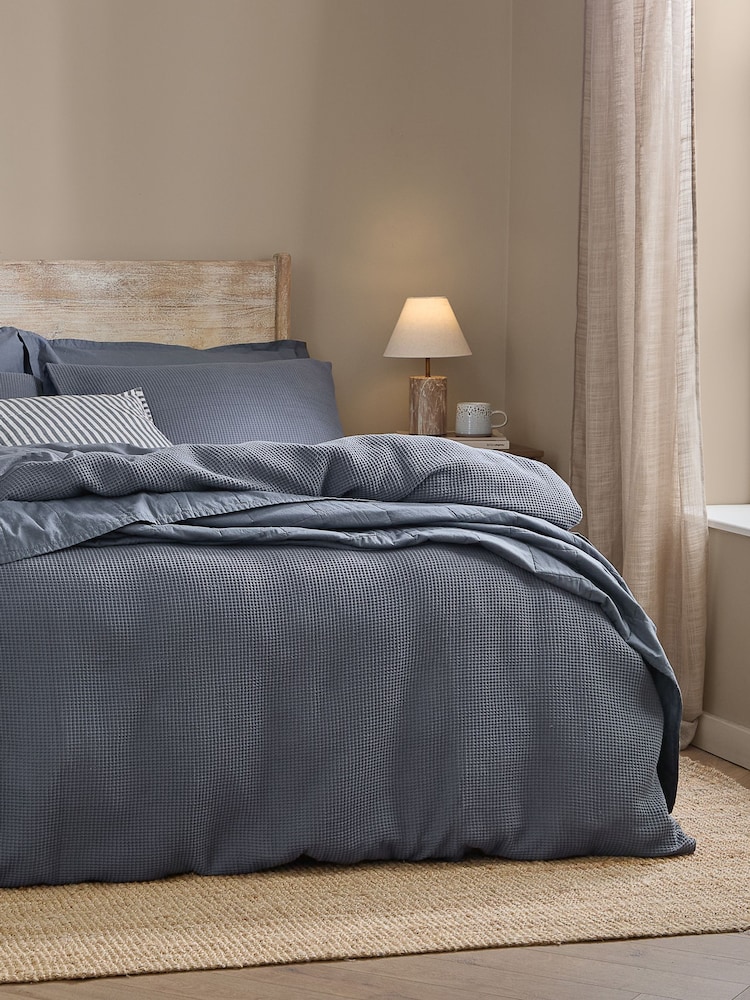 Yard Denim Blue Hebden Waffle Cotton Duvet Cover and Pillowcase Set - Image 3 of 3