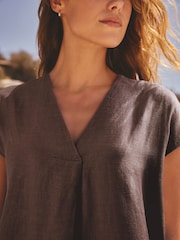 Chocolate Brown Linen Blend Short Sleeve V-Neck Kaftan Mini Dress - Image 4 of 7