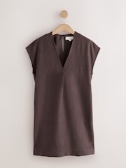 Chocolate Brown Linen Blend Short Sleeve V-Neck Kaftan Mini Dress - Image 5 of 7