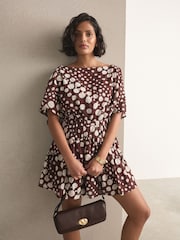 Chocolate Brown Polka Dot Kimono Sleeve Waisted Mini Dress - Image 1 of 7
