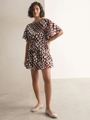 Chocolate Brown Polka Dot Kimono Sleeve Waisted Mini Dress - Image 2 of 7