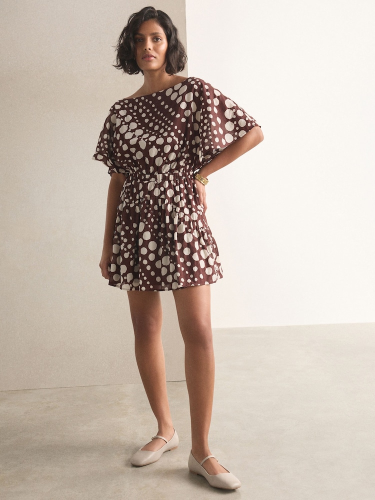 Chocolate Brown Polka Dot Kimono Sleeve Waisted Mini Dress - Image 2 of 7 Chocolate Brown Polka Dot Kimono Sleeve Waisted Mini Dress - Image 2 of 7