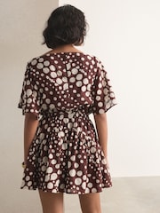 Chocolate Brown Polka Dot Kimono Sleeve Waisted Mini Dress - Image 3 of 7