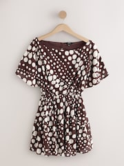 Chocolate Brown Polka Dot Kimono Sleeve Waisted Mini Dress - Image 5 of 7