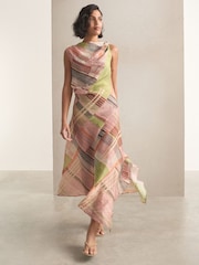 Green/Pink Stripe Ruched Shoulder Hardware Hanky Hem Midi Dress - Image 1 of 4