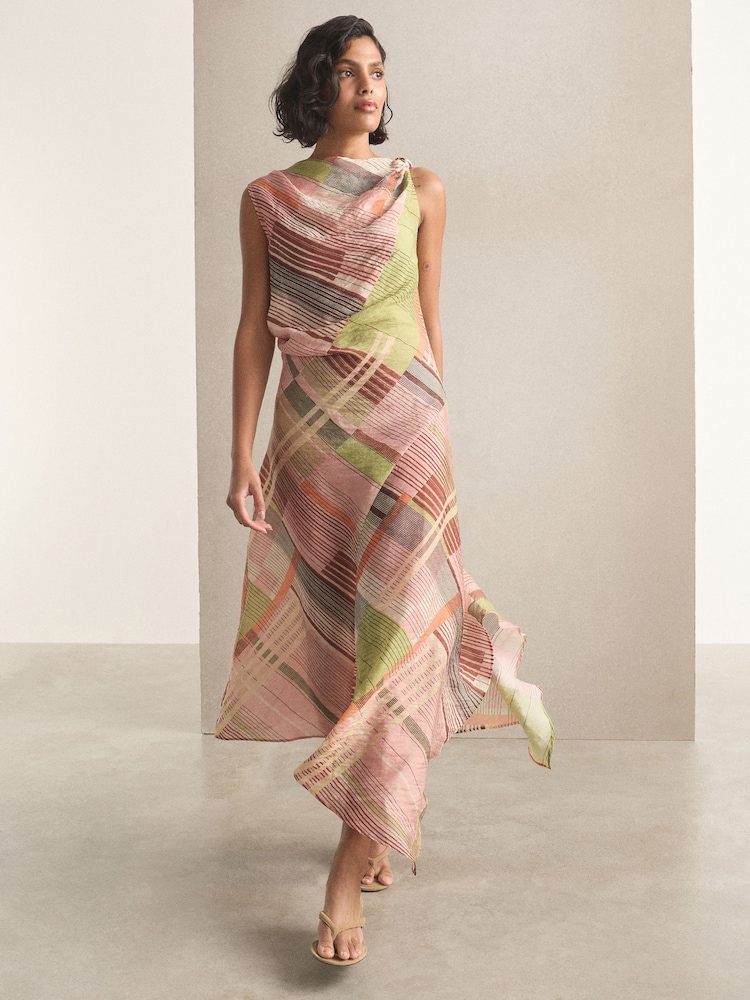 Green/Pink Stripe Ruched Shoulder Hardware Hanky Hem Midi Dress - Image 1 of 4