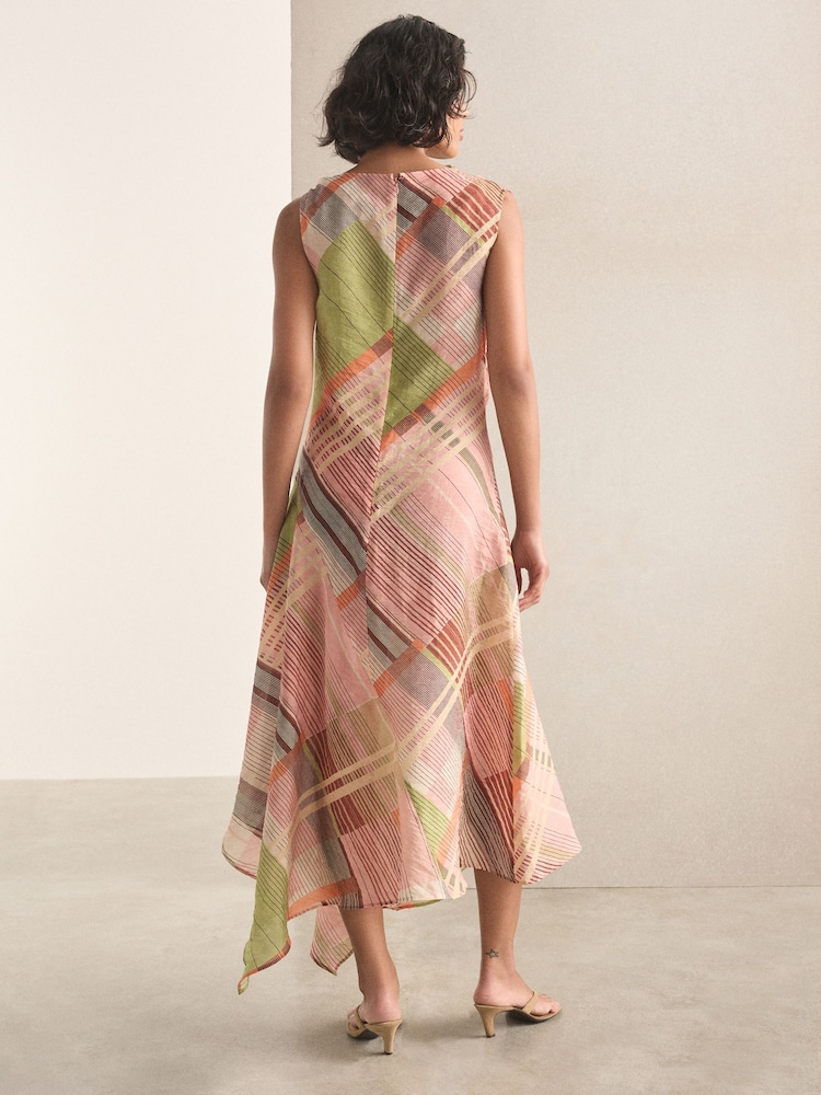 Green/Pink Stripe Ruched Shoulder Hardware Hanky Hem Midi Dress - Image 2 of 4
