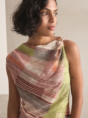 Green/Pink Stripe Ruched Shoulder Hardware Hanky Hem Midi Dress - Image 3 of 4