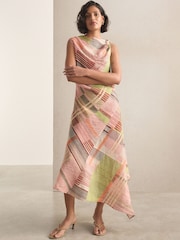 Green/Pink Stripe Ruched Shoulder Hardware Hanky Hem Midi Dress - Image 4 of 4