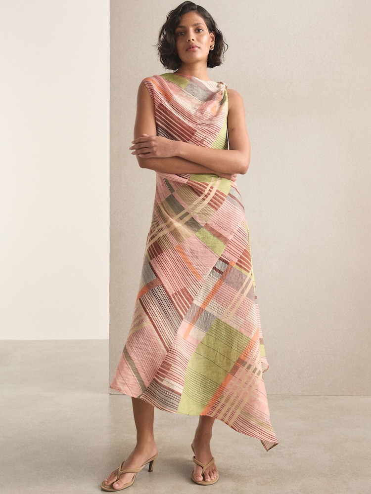 Green/Pink Stripe Ruched Shoulder Hardware Hanky Hem Midi Dress - Image 4 of 4
