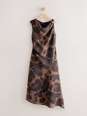 Brown Animal Ruched Shoulder Hardware Hanky Hem Midi Dress - Image 1 of 3