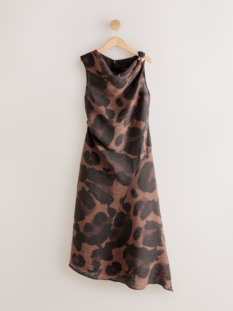 Brown Animal Ruched Shoulder Hardware Hanky Hem Midi Dress - Image 1 of 3 Brown Animal Ruched Shoulder Hardware Hanky Hem Midi Dress - Image 1 of 3