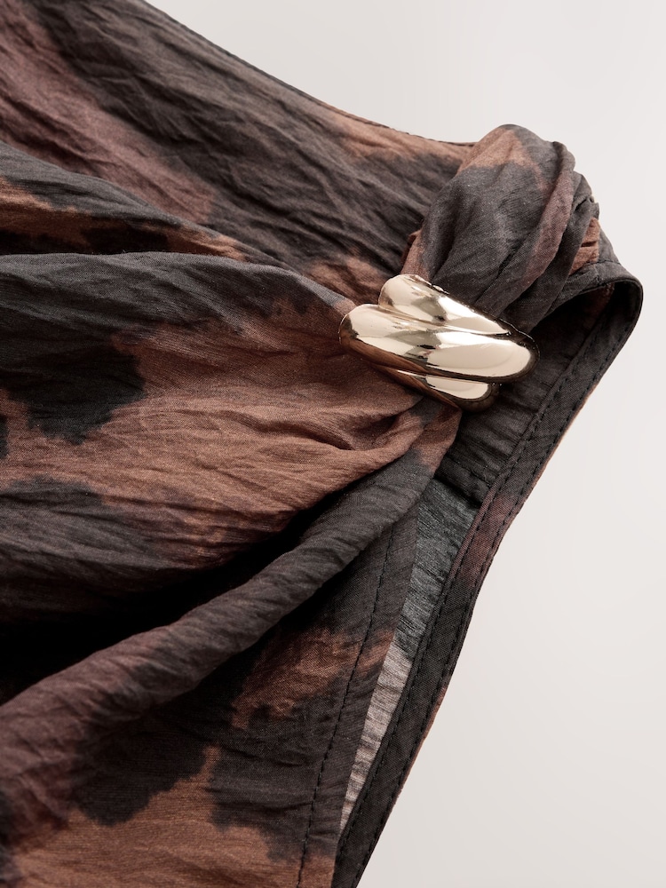 Brown Animal Ruched Shoulder Hardware Hanky Hem Midi Dress - Image 2 of 3 Brown Animal Ruched Shoulder Hardware Hanky Hem Midi Dress - Image 2 of 3