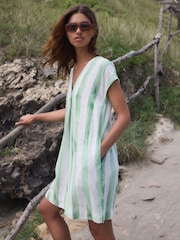 Green/Ecru Stripe Linen Blend Short Sleeve V-Neck Kaftan Mini Dress - Image 1 of 4