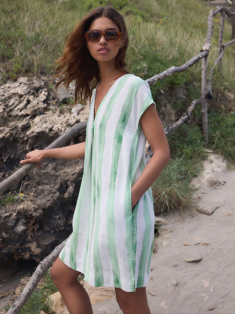 Green/Ecru Stripe Linen Blend Short Sleeve V-Neck Kaftan Mini Dress - Image 1 of 4 Green/Ecru Stripe Linen Blend Short Sleeve V-Neck Kaftan Mini Dress - Image 1 of 4