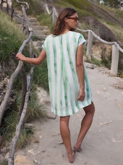 Green/Ecru Stripe Linen Blend Short Sleeve V-Neck Kaftan Mini Dress - Image 3 of 4
