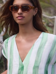 Green/Ecru Stripe Linen Blend Short Sleeve V-Neck Kaftan Mini Dress - Image 4 of 4