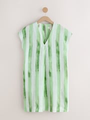 Green/Ecru Stripe Linen Blend Short Sleeve V-Neck Kaftan Mini Dress - Image 5 of 8