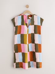 Multicolour Linen Blend Short Sleeve V-Neck Kaftan Mini Dress - Image 5 of 8