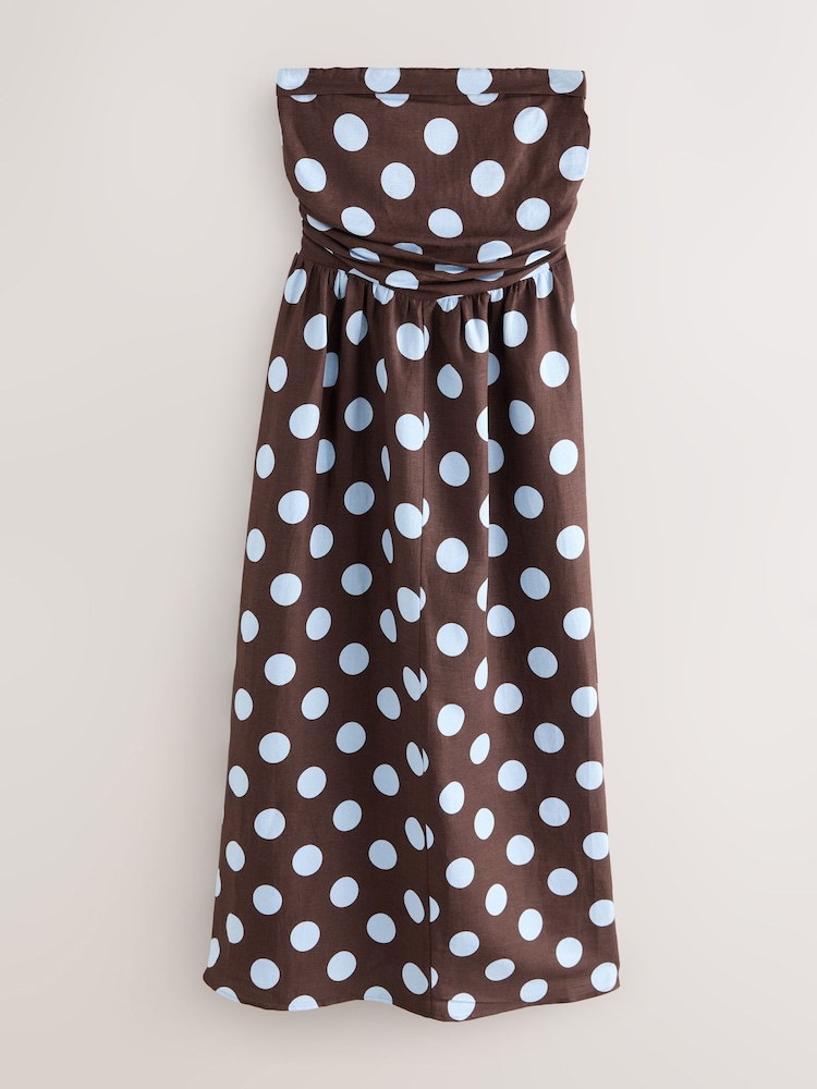 Czekoladowy brązowy w kropki - Ruched Bandeau Midi Dress - Obraz 1 z 3 Czekoladowy brązowy w kropki - Ruched Bandeau Midi Dress - Obraz 1 z 3