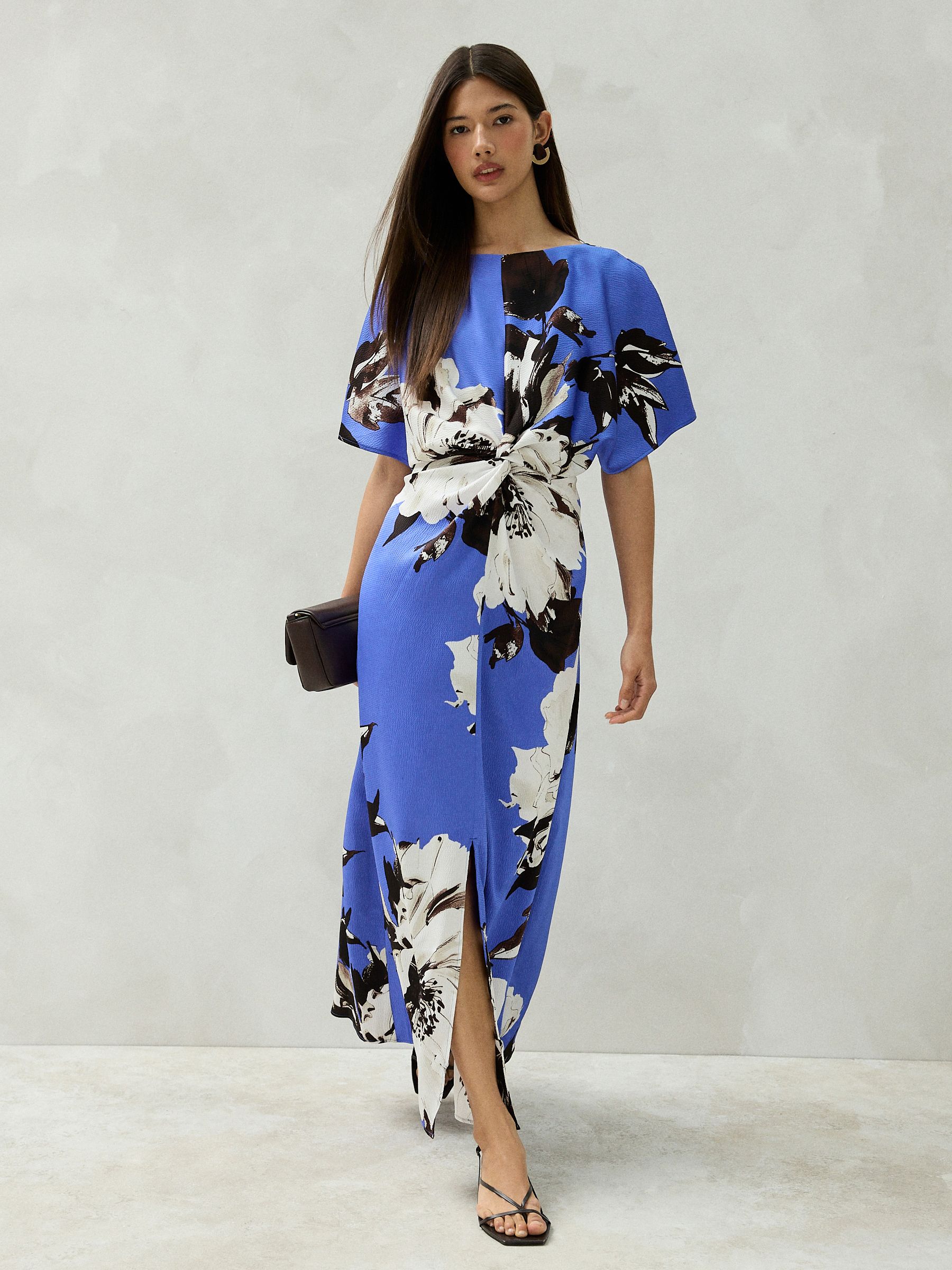 Buy Cobalt Blue Floral Print Textured Satin Short Sleeve Twist