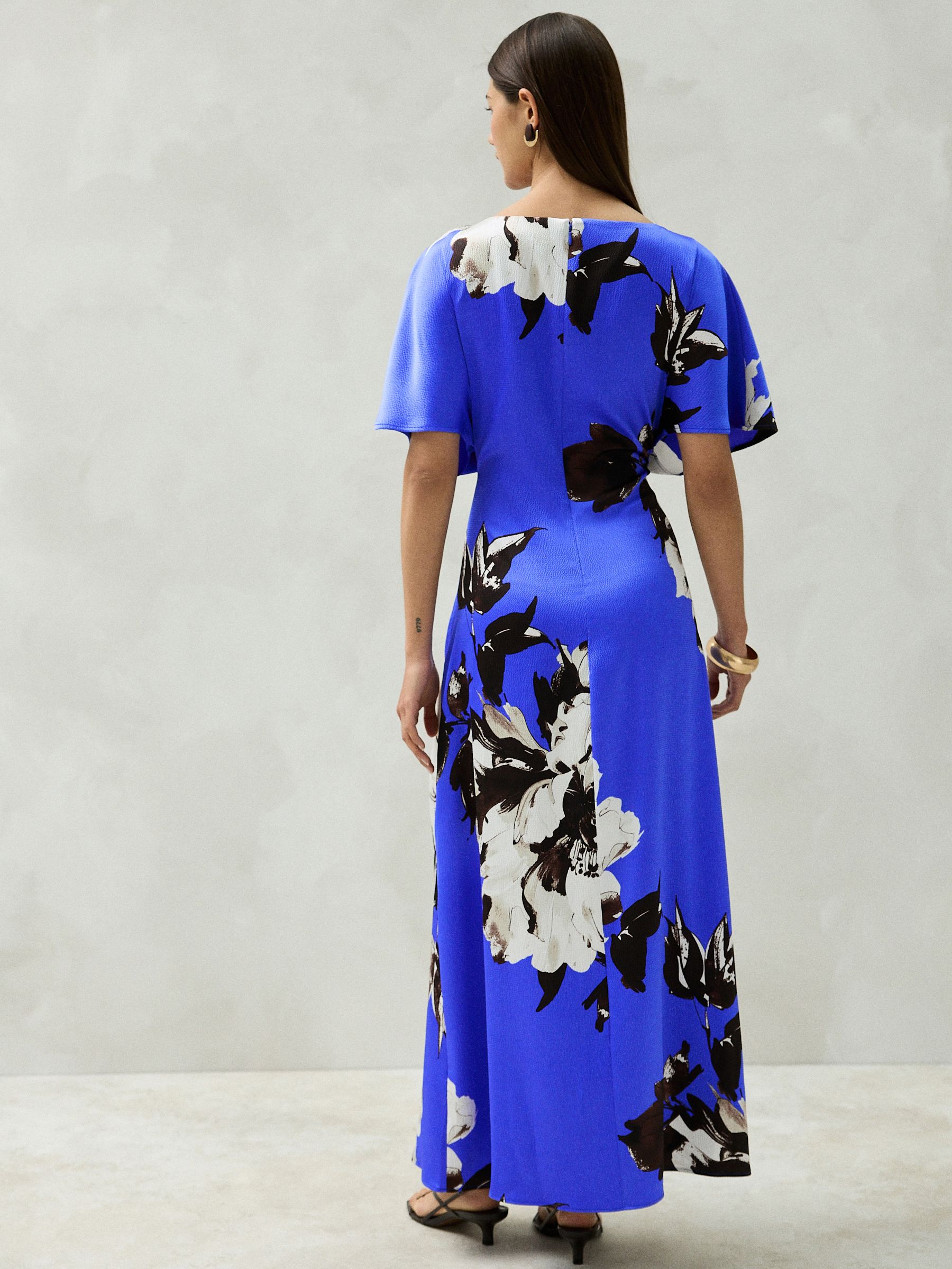 Buy Cobalt Blue Floral Print Textured Satin Short Sleeve Twist