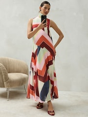 Imprimé à rayures multicolores - Sleeveless High Neck Asymmetrical Occassion Dress - Image 4 de 9